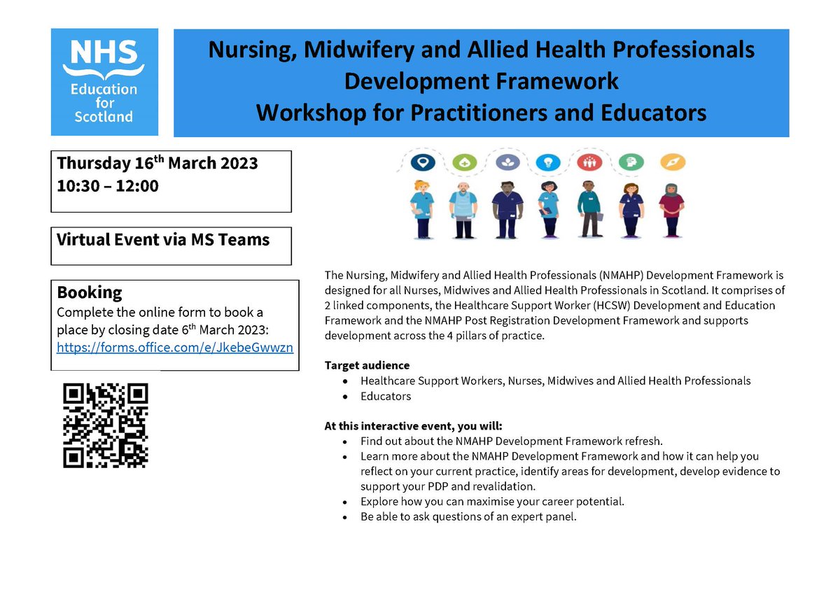 NESnmahp's tweet photo. NES NMAHP Development Framework workshop session coming soon!

NHS Education for Scotland is pleased to offer an interactive session about the NES NMAHP Development Framework refresh for practitioners &amp; educators.

For more information &amp; to book: https://t.co/4D3wOH89vX https://t.co/gJG3qJIEUA