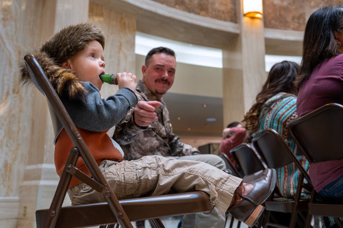 Carter Monjaras, from Tijeras, blows a duck call during a rally in the Rotunda for Camo at the Capitol Day on Monday. Monjaras' dad Matthew, is with Impact Outdoors, a nonprofit who take youth and veterans into the outdoors for conservation, and meaningful outdoor opportunities.