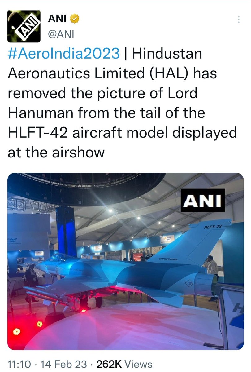 ManojVBhumkar's tweet photo. @tolchintamani01 @PathakDhanashr2 Govt owned HAL has removed this imposing image of Lord Hanuman from the tail fin of its supersonic HLFT 42 after much outrage. https://t.co/EqkvHxHoKC