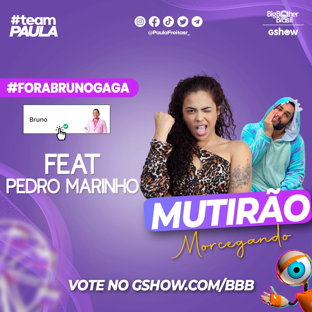 paulafreitasr_'s tweet image. 🎡 MUTIRÃO FEAT PEDRO MARINHO INICIADO                                                 
 ❌️ 30 VOTOS NO BRUNO UM EMOJI

🕰 ENCERRAMENTO: 18H

🗳 META: FOCO NA VOTAÇÃO 
 
🏠 O VOTO É PARA ELIMINAR, VOTE BRUNO

🛜 LINK: glo.bo/3lv4uCh
#FicaPaula | #ForaBruno | #RedeBBBB