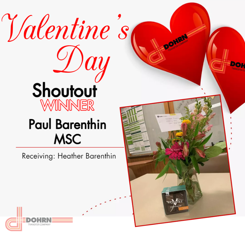 Dohrn_LLC's tweet photo. Congratulations to our Valentine's Day Shoutout Winner, Paul Barenthin from our Mason City terminal! To make this Valentine's extra sweet, his wife Heather received flowers and chocolates on behalf of Dohrn! 

#dohrn #dohrntransfer #thebestinthemidwest #valentinesday https://t.co/TKFwv6S2Qe