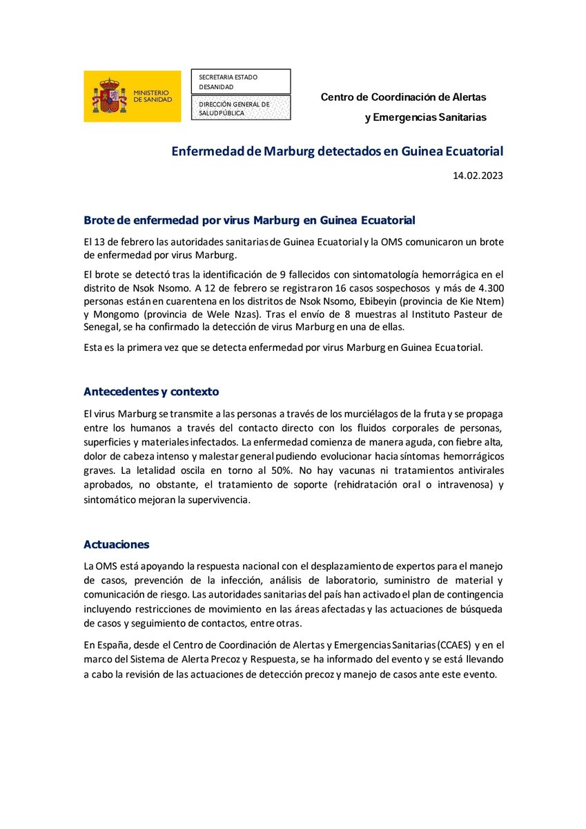 javimembrillo's tweet photo. Primera nota de @sanidadgob sobre #marburg @SEIMC_ @GepiSeimc https://t.co/tC7hiR6lHS