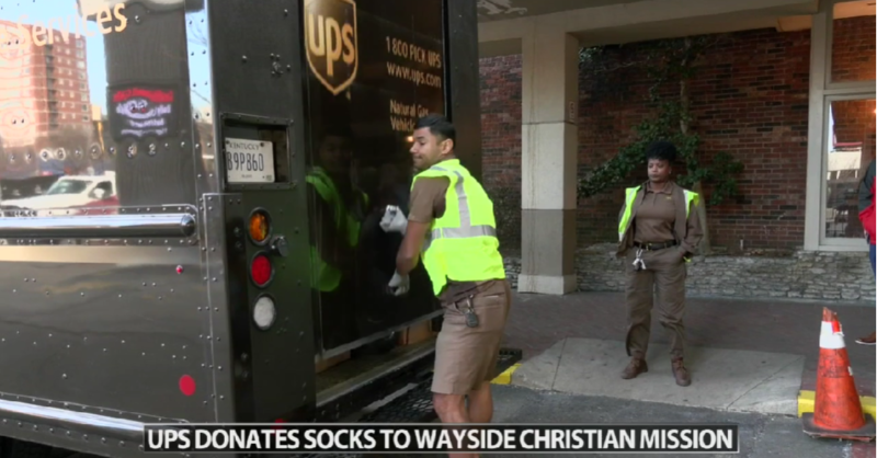 UPSPolicy's tweet photo. For the third year in a row, #UPSers are spreading the love 🤎 to #DeliverWhatMatters to the homeless community in Louisville by donating 24k pairs of socks 🧦. Since 2011, The @UPS_Foundation has completed 24M volunteer hours in our efforts to reach 30M volunteer hours by 2030.