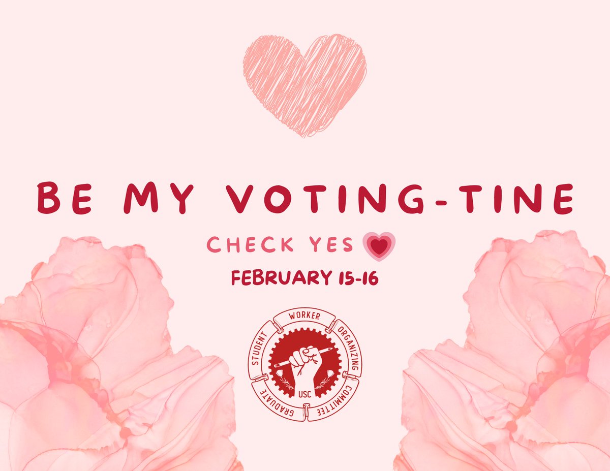 gswocusc's tweet image. It's almost Voting Time! 
Our union election takes place February 15-16. 
Two voting locations: Wallis Annenberg Hall, Lobby (UPC) and Clinical Sciences Center, Conf. Room 250. 
Voting Times: 8-11a, 12-3p, 4-7p. 
Check Union YES!