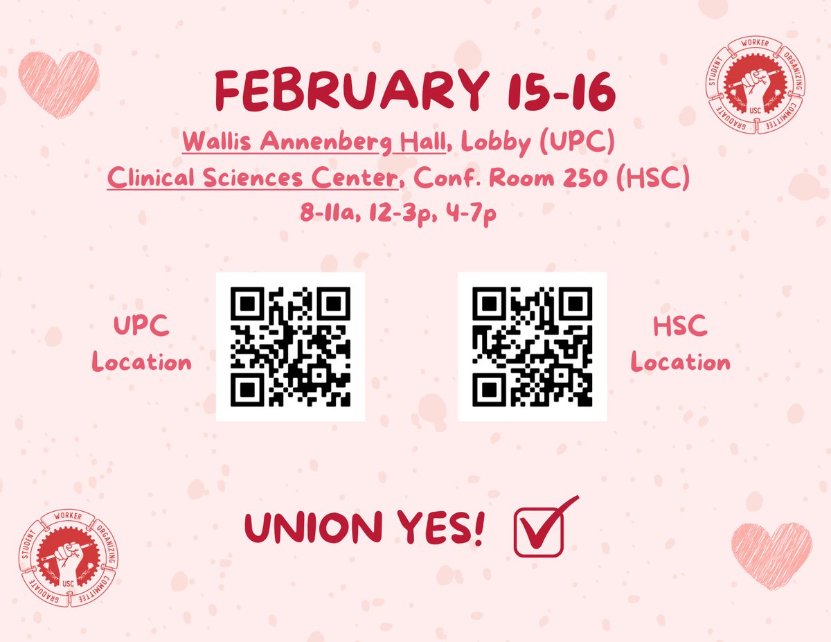gswocusc's tweet image. It's almost Voting Time! 
Our union election takes place February 15-16. 
Two voting locations: Wallis Annenberg Hall, Lobby (UPC) and Clinical Sciences Center, Conf. Room 250. 
Voting Times: 8-11a, 12-3p, 4-7p. 
Check Union YES!