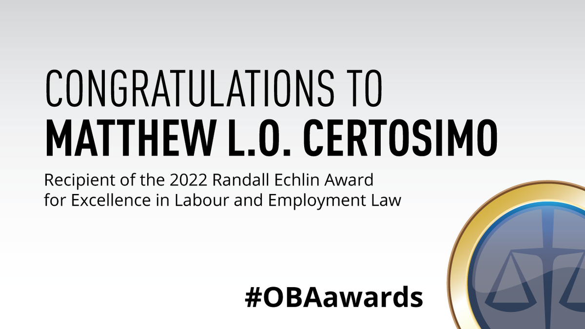 OBAlawyers's tweet photo. Congratulations to @mcertosimo, winner of the 2022 Randall Echlin Award for Excellence in Labour and Employment Law. Join bestselling author Terry Fallis on March 30 to celebrate this achievement and raise money for the Ninth Line Foundation. #OBAawards https://t.co/2jwUrNZz6j https://t.co/ROPCLTJNxv