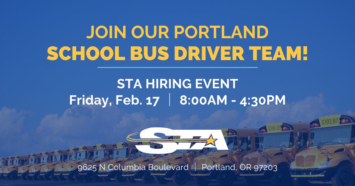 If you #lovethebus like we do, stop by our #hiringevent in #PortlandOR this Friday! RSVP here: link.zixcentral.com/u/2dd49474/mAO…

⭐  $31.50-$37.94/hr, based on experience
⭐  Weekends & holidays off
⭐  No experience necessary

#Drive4STA #busdriverjobs #Portlandjobs #schooltransportation