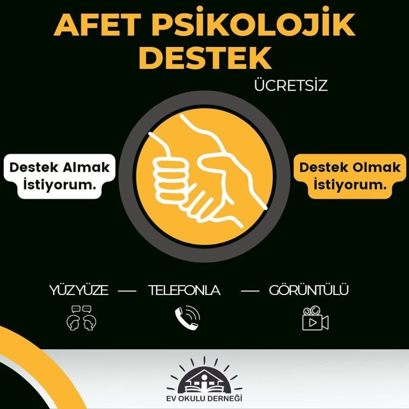 afetpsikolojikdestek.com
Deprem bölgesinde olan afetzedeler ve depremden etkilenen kişiler için, profesyonel uzmanlardan tamamen ücretsiz olarak destek alabilecekleri proje hazırladık.
Geliştirmeler devam edecektir.
Projenin eğitim bölümünü Ev Okulu Derneği yürütmektedir.