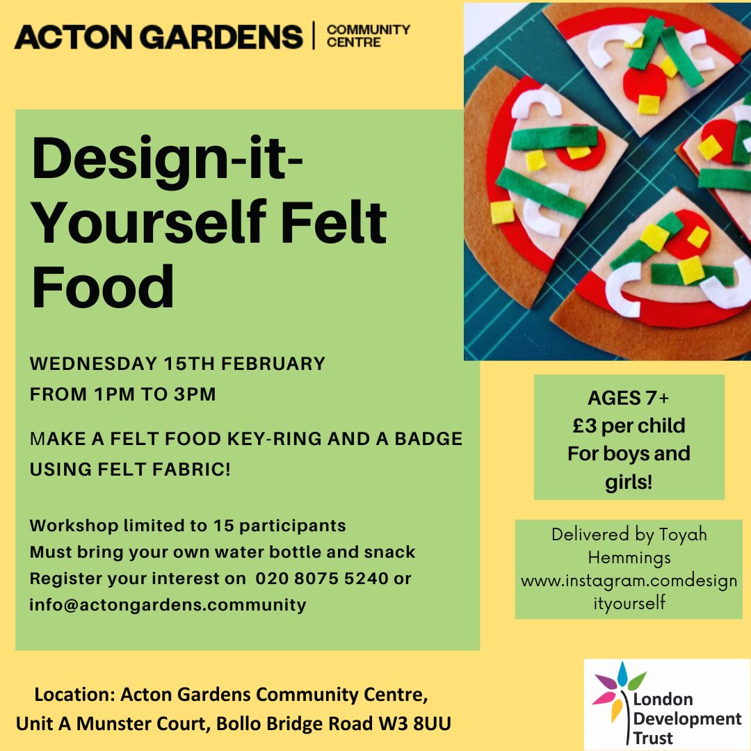 Join us tomorrow (Wednesday) 1-3pm for a #DesignItYourself workshop! Make a felt food key ring & badge 
Pics are from Monday’s fun yarn workshop!
Ages 7+ / £3 / Sign up on 020 8075 5240 or
info@actongardens.community
#Acton #ActonGardens #HalfTerm