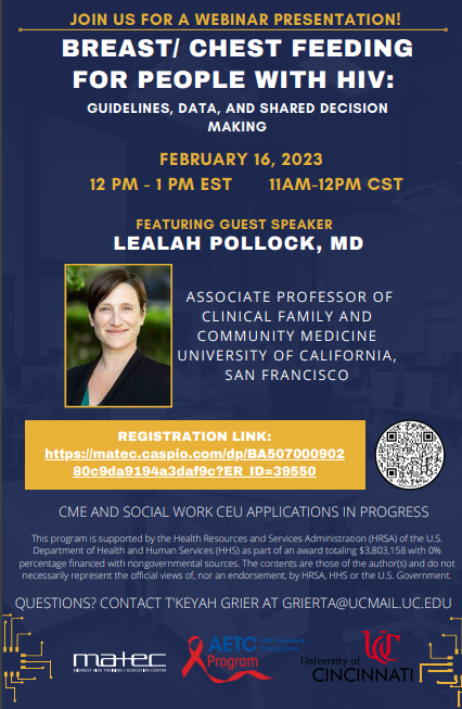 UC_MATEC's tweet photo. Did you hear about the new HRSA guidelines for the treatment of HIV in pregnant people?

Only two more days until our Breast/ Chest Feeding Webinar with Lealah Pollock, MD where we will discuss recent data and guidelines. 
Free Registration link below:
https://t.co/FT1DoWbvEv https://t.co/3oPqVKZk3r