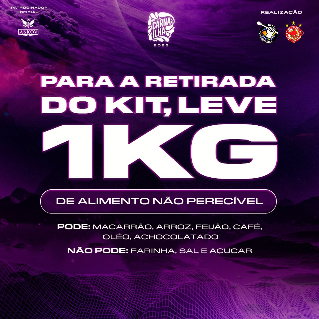 carnabrilha's tweet photo. ⚠️ RETIRADA DE KITS ⚠️

Para a retirada de kits, colabore fazendo a doação de 1 kg de alimento não perecível. 

🛒 Ainda da tempo, garante agora seu pacote pelo site ou app Blacktag!

#carnailha #ilhasolteira #carnaval2023 #blocosuperbateria #bateradoinferno https://t.co/S230q2aDYm