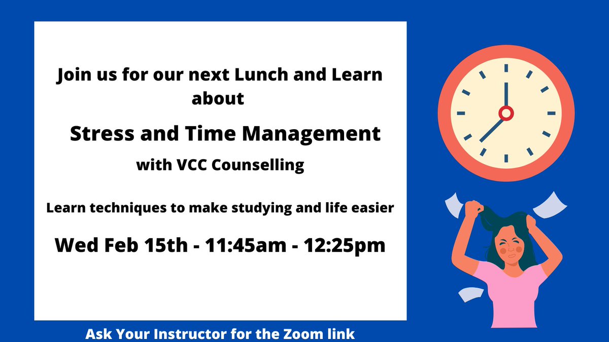 vccesl's tweet photo. Hitting a mid-term slump? Join us tomorrow to learn how to manage your time and your stress levels with VCC counselling services. Ask your instructor for the Zoom link. https://t.co/4OorcMt1k9