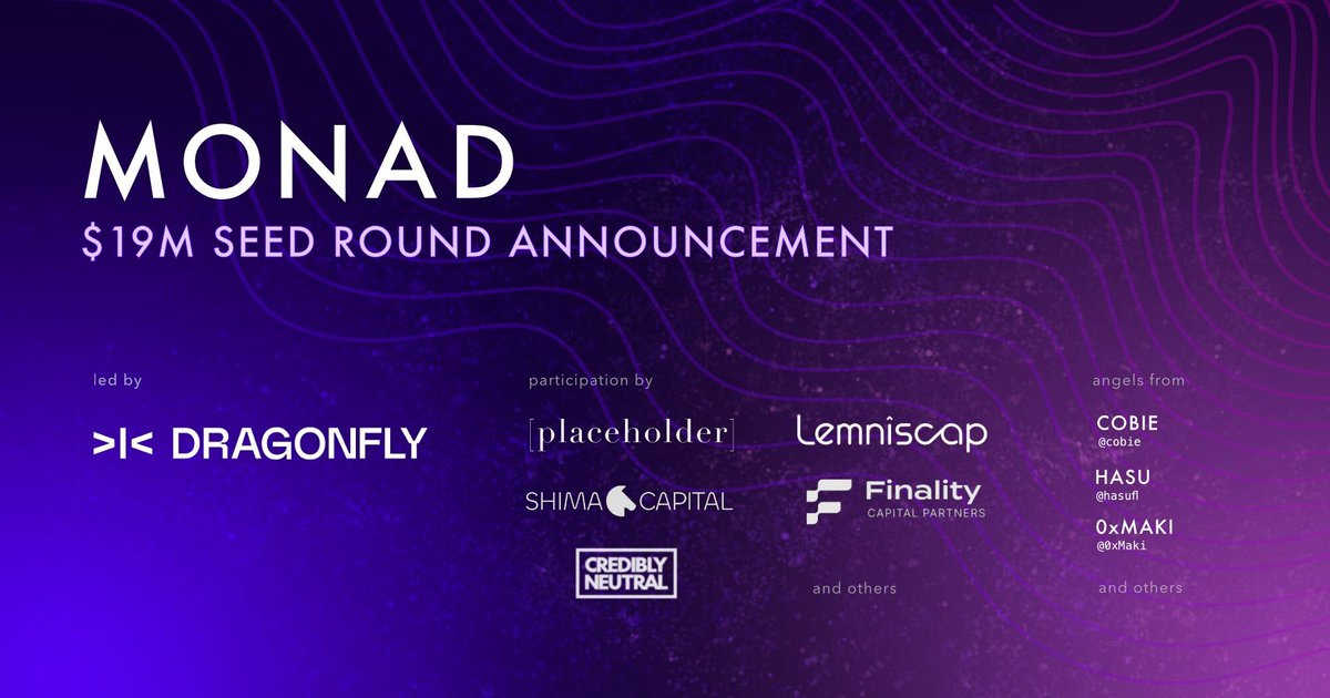 Monad ⨀ (@monad_xyz) on Twitter photo Today Monad is announcing our $19M seed round, led by <a href="/dragonfly_xyz/">Dragonfly >|<</a> !
Additional participation by <a href="/placeholdervc/">Placeholder</a> (<a href="/cburniske/">Chris Burniske</a>), <a href="/Lemniscap/">Lemniscap</a>, + notable angel investors such as <a href="/cobie/">Cobie</a>, <a href="/hasufl/">Hasu⚡️🤖</a>, <a href="/0xMaki/">0xMaki</a> and others.
Check out the full article here: theblock.co/post/211352/mo… Today Monad is announcing our $19M seed round, led by <a href="/dragonfly_xyz/">Dragonfly >|<</a> !
Additional participation by <a href="/placeholdervc/">Placeholder</a> (<a href="/cburniske/">Chris Burniske</a>), <a href="/Lemniscap/">Lemniscap</a>, + notable angel investors such as <a href="/cobie/">Cobie</a>, <a href="/hasufl/">Hasu⚡️🤖</a>, <a href="/0xMaki/">0xMaki</a> and others.
Check out the full article here: theblock.co/post/211352/mo…