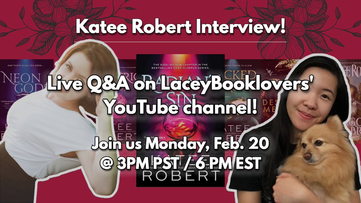 Lacey🌸 (@laceybooklovers) on Twitter photo Popping in to let you all know <a href="/katee_robert/">Katee Robert</a> & I will be going live on my YouTube channel next Monday, Feb 20 @ 3pm PST! Join us & have your questions ready for Katee 🫶🏼 (or ask them down below if you can’t make it) youtube.com/LaceyBooklovers Popping in to let you all know <a href="/katee_robert/">Katee Robert</a> & I will be going live on my YouTube channel next Monday, Feb 20 @ 3pm PST! Join us & have your questions ready for Katee 🫶🏼 (or ask them down below if you can’t make it) youtube.com/LaceyBooklovers