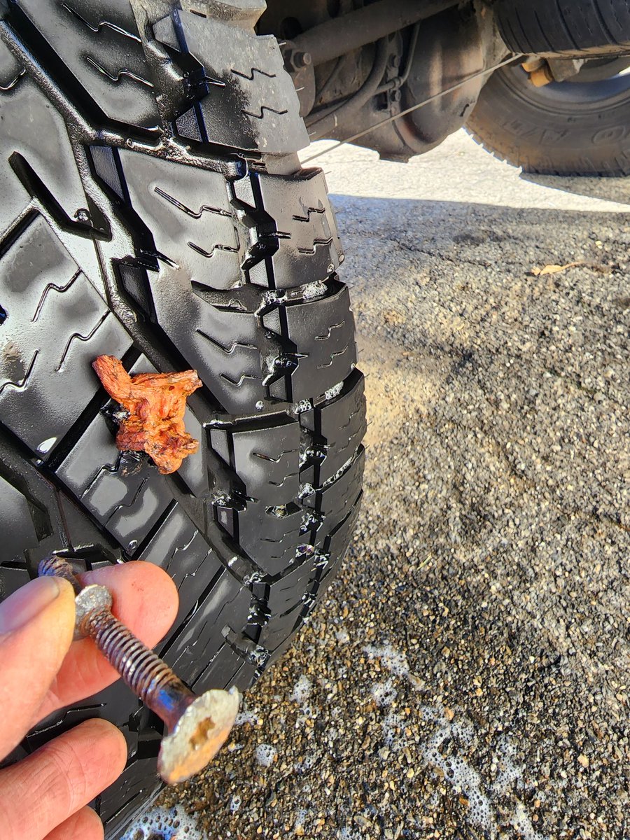 Vudog's tweet photo. Pulled this bolt out of the 4runner tire. Hole was big, stuffed 2 plugs in. Passed soap bubble test, good to go.
#3rdgen4runner https://t.co/UJx0DTY8d5