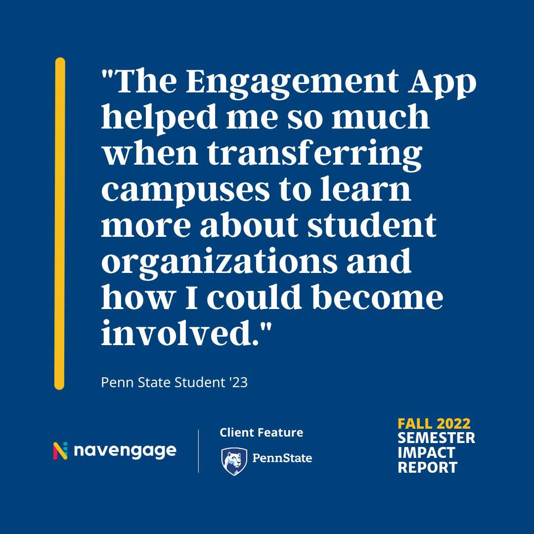 Navigating college can be overwhelming. With our  app, students can easily find campus opportunities that match their interests 📲 

Follow along as we share insights from our Fall '22 Impact Report highlighting Penn State's Engagement App: lnkd.in/duDuwXFe
