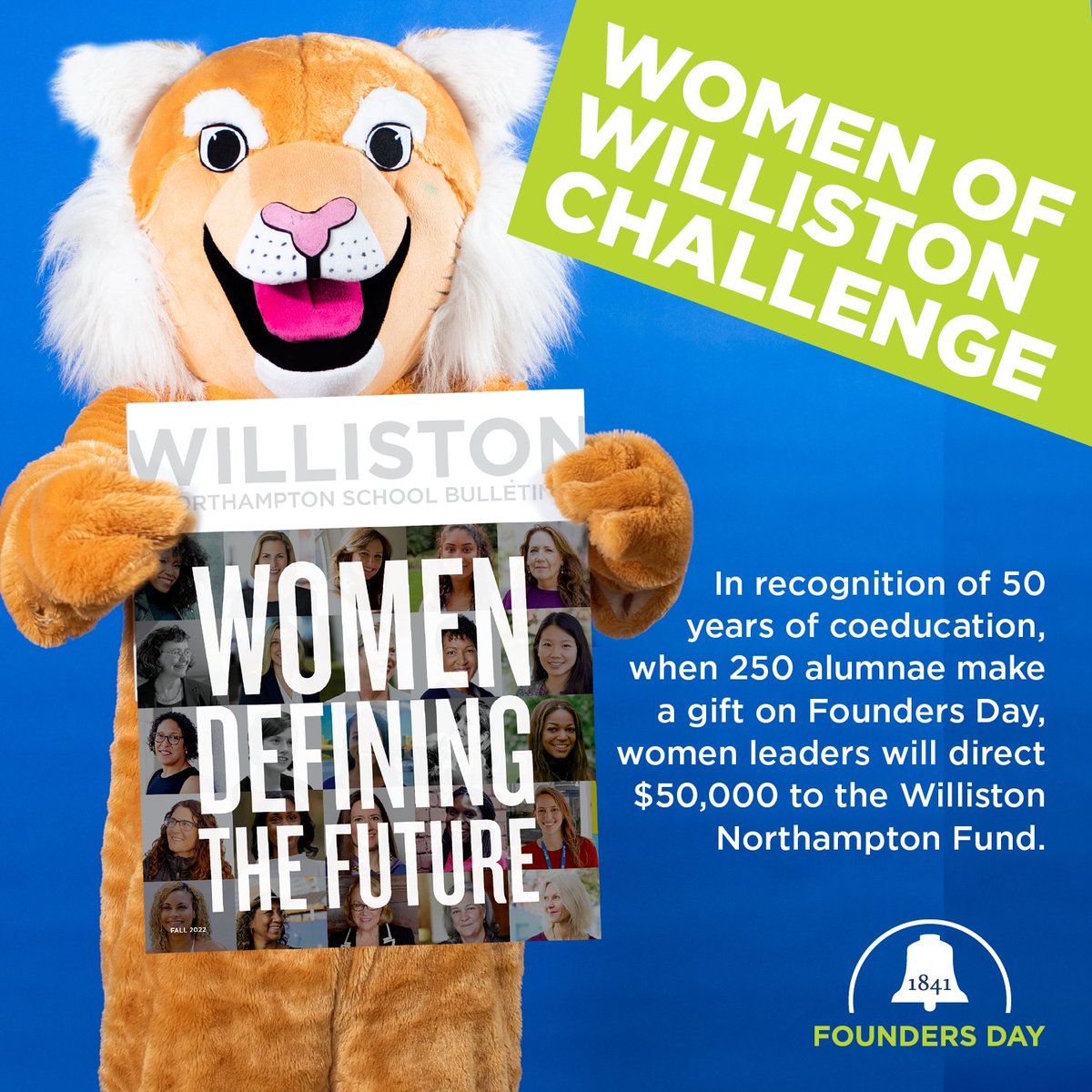 When 250 alumnae make a gift this Founders Day, it will unlock $50,000 from women leaders. #WomenOfWilliston #ForWomenByWomen #BeCounted