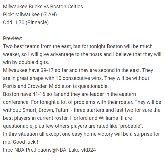 Milwaukee Bucks vs Boston Celtics
Pick: Milwaukee (-7 AH)
Odd: 1,70 (Pinnacle)