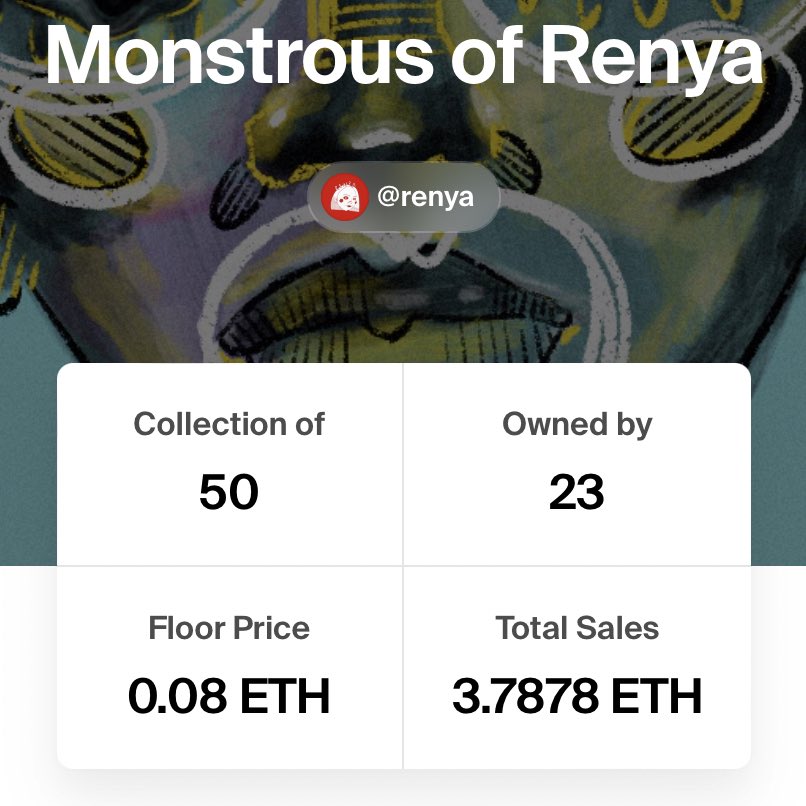 MONSTROUS OF RENYA

▫️50 unique pieces
▫️31 works already sold 
▫️23 amazing collectors 
▫️3.78 $ETH Total Sales 
▫️0.08 $ETH Floor Price