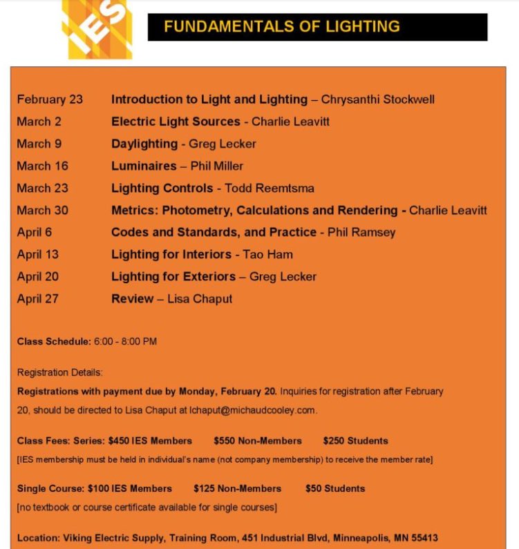 Here is the newly released/updated Fundamentals of Lighting course is starting February 23rd. There is still some room available, so sign up today to reserve your spot and grow your lighting knowledge! 

#NeverStopLearning #introtolighting #interiorlighting #lightingcontrols