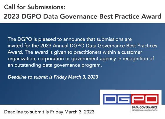Do you have an outstanding #DataGovernance program? We're taking submissions for the 2023 Annual Data Governance Best Practices Award! Learn more here: buff.ly/3GtxVLM Deadline is March 3 #award #bestpractices