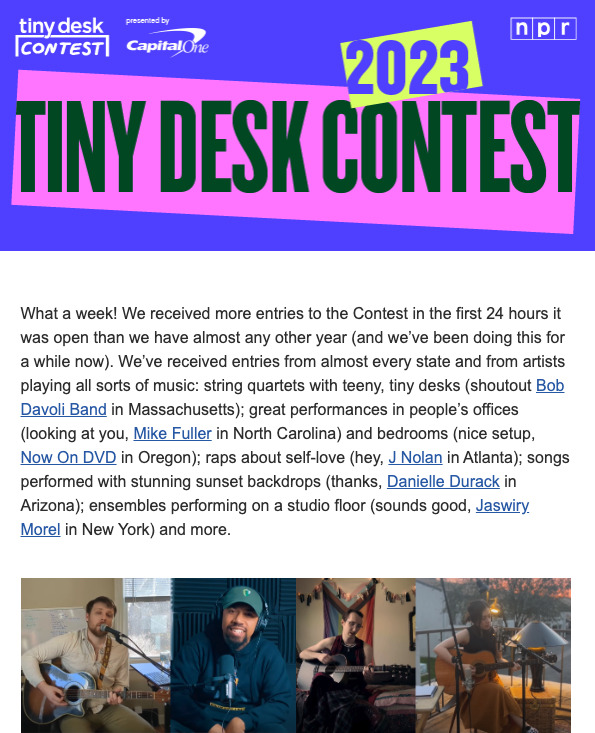 Michael_Fuller's tweet photo. What a TRIP! Got a sweet feature from @NPR in today's Tiny Desk email! Huge honor to be included. Check it out the tune and let me know what you think! https://t.co/TjIRfO4o1V

Thanks to @BobBoilen, @nprmusic, and the Tiny Desk crew for all you do to support us little guys🙏❤️ https://t.co/devpUl3qAO