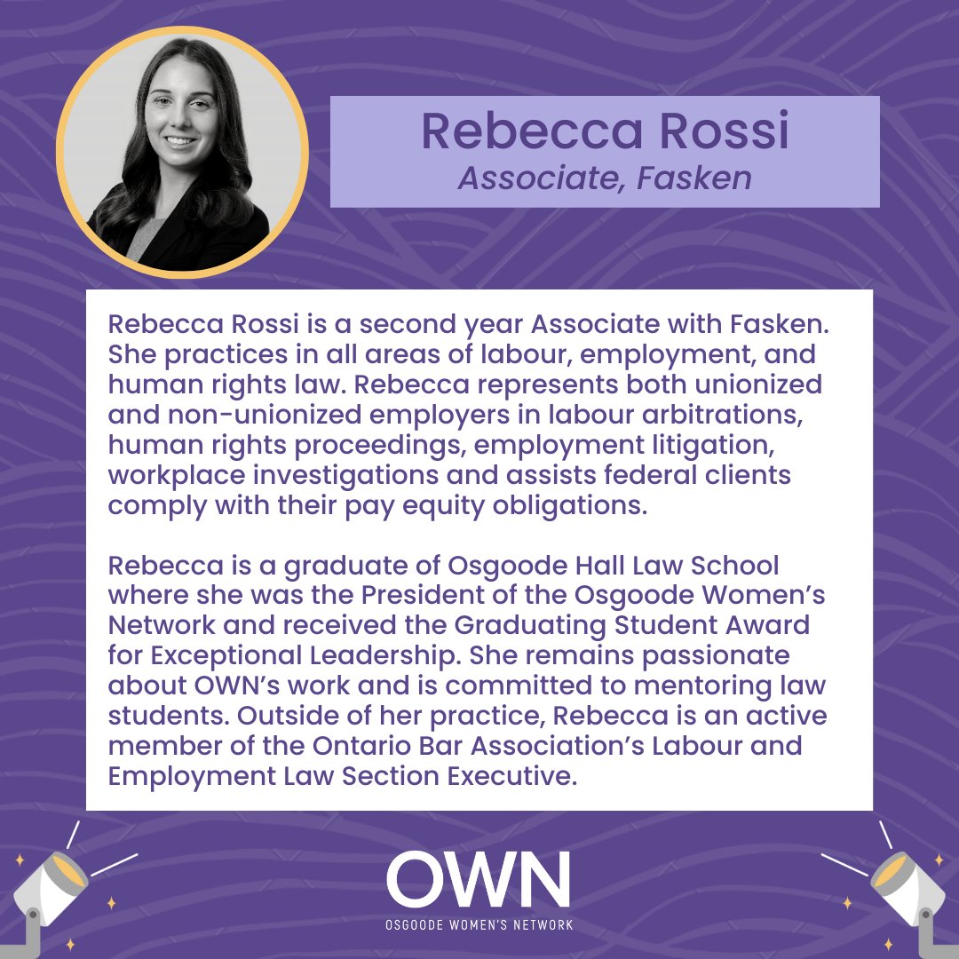 OWNLaw's tweet photo. Rebecca Rossi (Associate, Fasken) is our February 2023 Alumnae in the Spotlight! https://t.co/DxDfzIvmX9