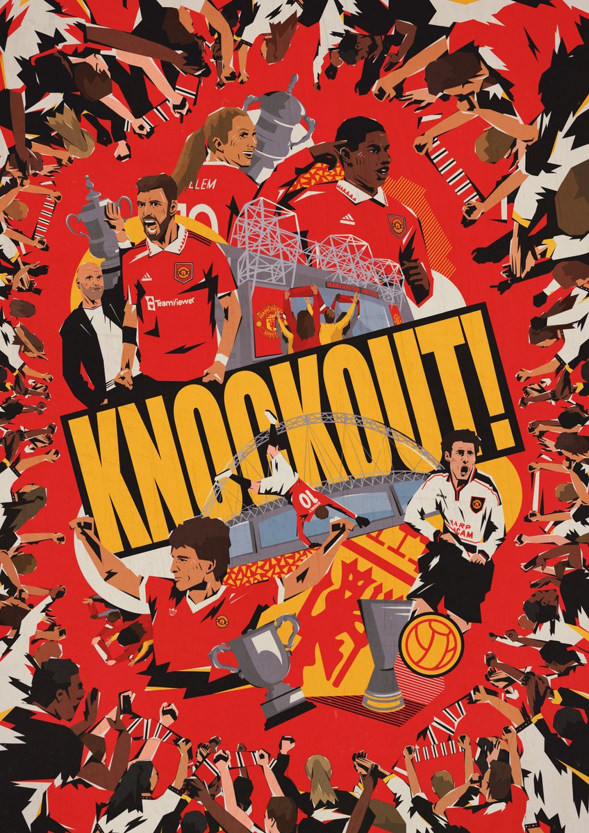 madebyfrankie's tweet photo. New work for @ManUtd 🔴 Loved creating this feature design celebrating knockout football as United look ahead to FA Cup ties for the men and women, the Carabao Cup final, and that massive Europa League tie with Barcelona coming up - all in the new issue of Inside United out now! https://t.co/IlyZSobKpY