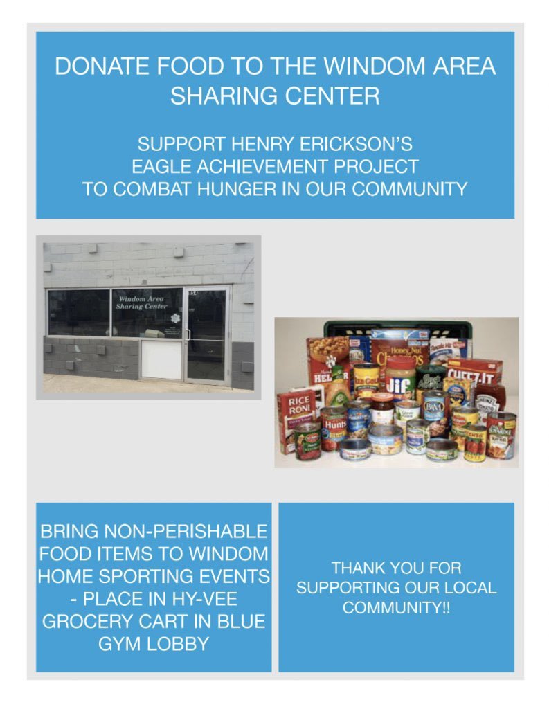 Two more opportunities this week to donate non-perishable food items and personal items to the Cottonwood County Sharing Center! Tonight - girl/boy doubleheader &amp; Friday as the boys take on Fairmont! Thanks for supporting my project! <a href="/WindomBoysHoops/">Windom Eagles Boys Basketball</a> <a href="/windom_gbb/">Windom Girls Basketball</a> <a href="/WindomEagles/">Windom Eagles</a>