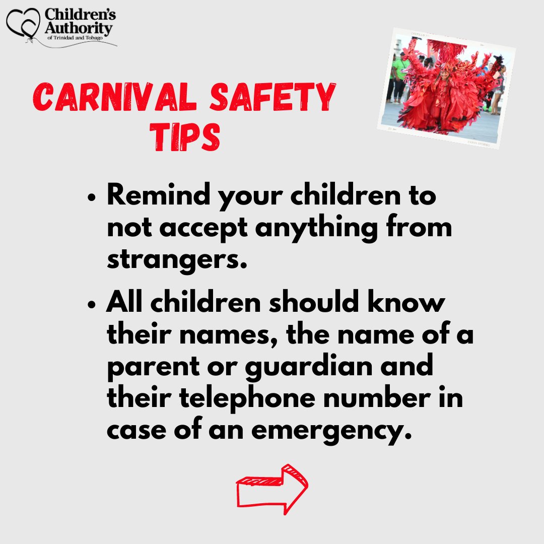ttchildren_org's tweet photo. Here are a few Carnival safety tips as you enjoy the season.
#ChildProtection
#ChildAbusePrevention
#TTChildren
#ChildrensAuthorityTT https://t.co/2xQUCkzSQh