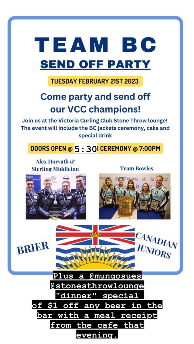 Victoria CurlingClub (@viccurlingclub) on Twitter photo Send off Party for our VCC Brier players Alex Horvath and <a href="/sterlingm32/">Sterling Middleton</a> & Team Bowles to Canadian Juniors! Feb 21st doors open at 5:30 at the Victoria Curling Club upstairs! Send off Party for our VCC Brier players Alex Horvath and <a href="/sterlingm32/">Sterling Middleton</a> & Team Bowles to Canadian Juniors! Feb 21st doors open at 5:30 at the Victoria Curling Club upstairs!