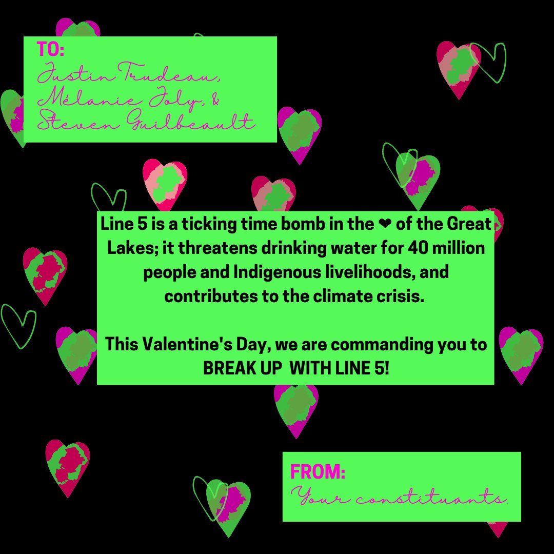 Lâchez les Grandes Eaux (@fermezlaligne5) on Twitter photo #Line5 is a ticking timebomb in the ❤️ of the #GreatLakes; it threatens drinking water for 40 million people and Indigenous livelihoods, and contributes to the #ClimateCrisis. This V-Day, we are commanding <a href="/JustinTrudeau/">Justin Trudeau</a>, <a href="/melaniejoly/">Mélanie Joly</a> & <a href="/s_guilbeault/">Steven Guilbeault</a> to #BreakUpWithLine5. #Line5 is a ticking timebomb in the ❤️ of the #GreatLakes; it threatens drinking water for 40 million people and Indigenous livelihoods, and contributes to the #ClimateCrisis. This V-Day, we are commanding <a href="/JustinTrudeau/">Justin Trudeau</a>, <a href="/melaniejoly/">Mélanie Joly</a> & <a href="/s_guilbeault/">Steven Guilbeault</a> to #BreakUpWithLine5.
