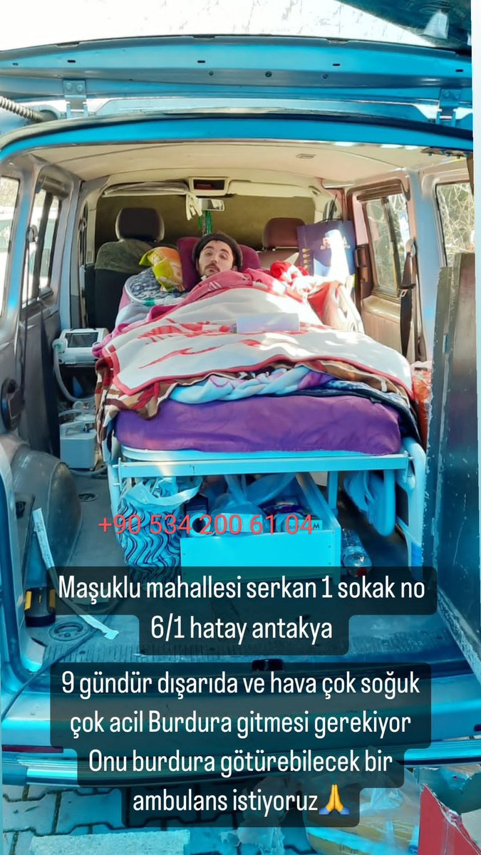 ❗Kaç gündür bu arkadaşlar sıkıntılarını paylaşıyorlarmış ama sanırım kimse dikkate almıyormuş. 

9 gündür dışarıda, acilen Burdur'a gitmesi gerekiyor. Onu Burdur'a götürebilecek bir ambulans gerekiyor. 

+90 534 200 61 04