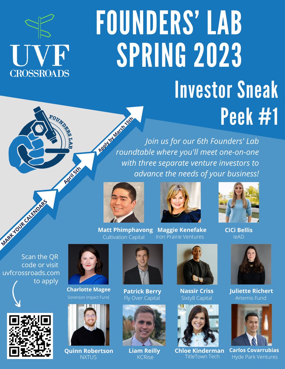Investor Sneak Peek #1 now released!! Check out these investors whom you could have the opportunity to meet with one-on-one on April 5th at our sixth Founders' Lab Event! Applications are due March 15th!