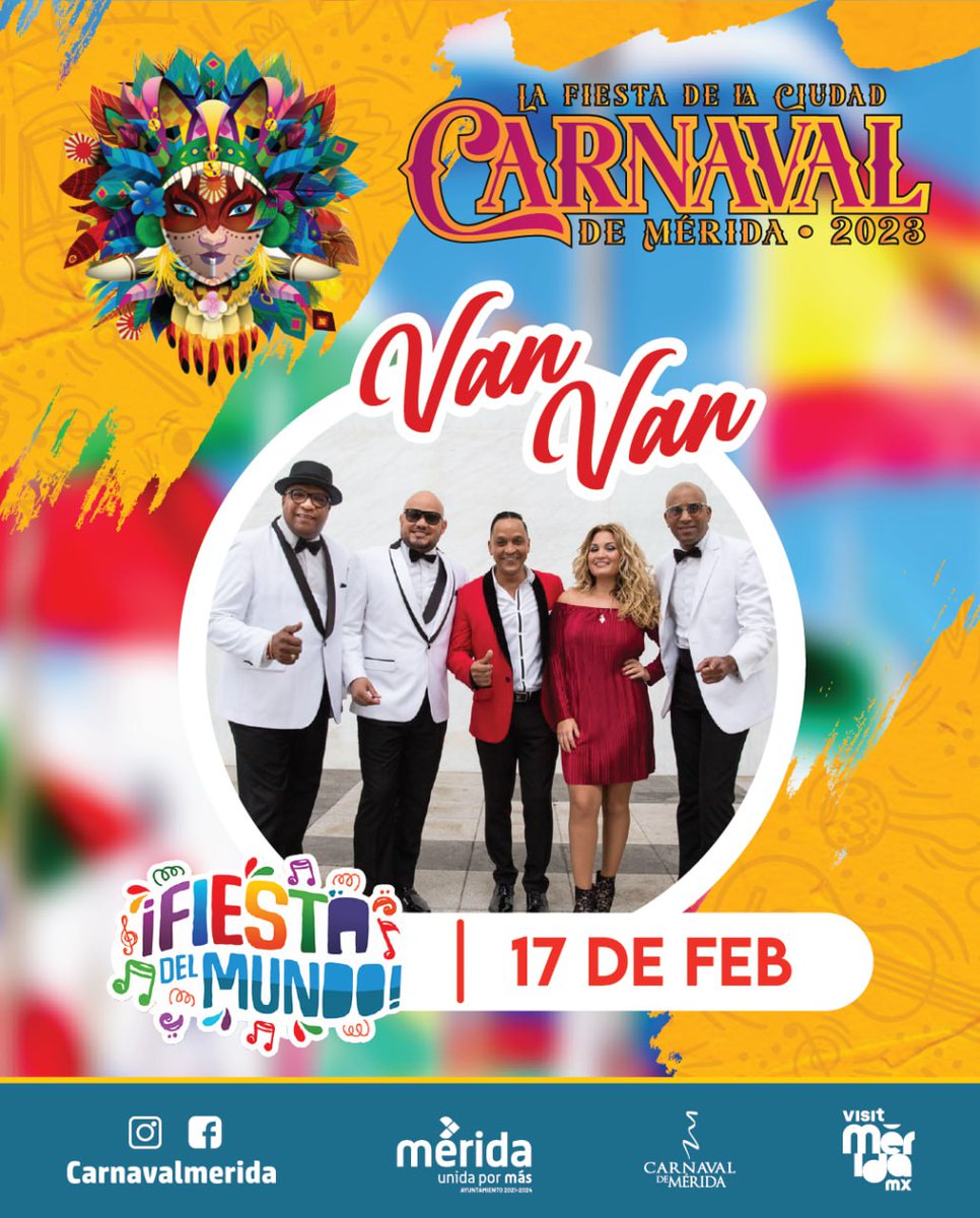 💃🕺🎼 | ¡Ven a bailar al ritmo de la música este próximo viernes 17 de febrero con Los Van Van en el Carnaval de Mérida 2023! 🎭

🎟 Evento gratuito
📍Escenario “Fiesta del Mundo” 
⌚12:00 AM

¡Los esperamos!

#VisitMeridaMx #LaFiestaDeLaCiudad #CarnavaldeMerida2023
