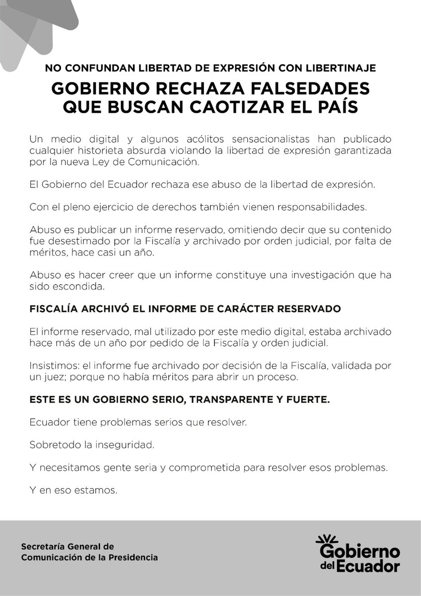 ComunicacionEc's tweet photo. COMUNICADO OFICIAL | La Secretaría General de Comunicación de la Presidencia informa: https://t.co/BGLGIZ2HIM