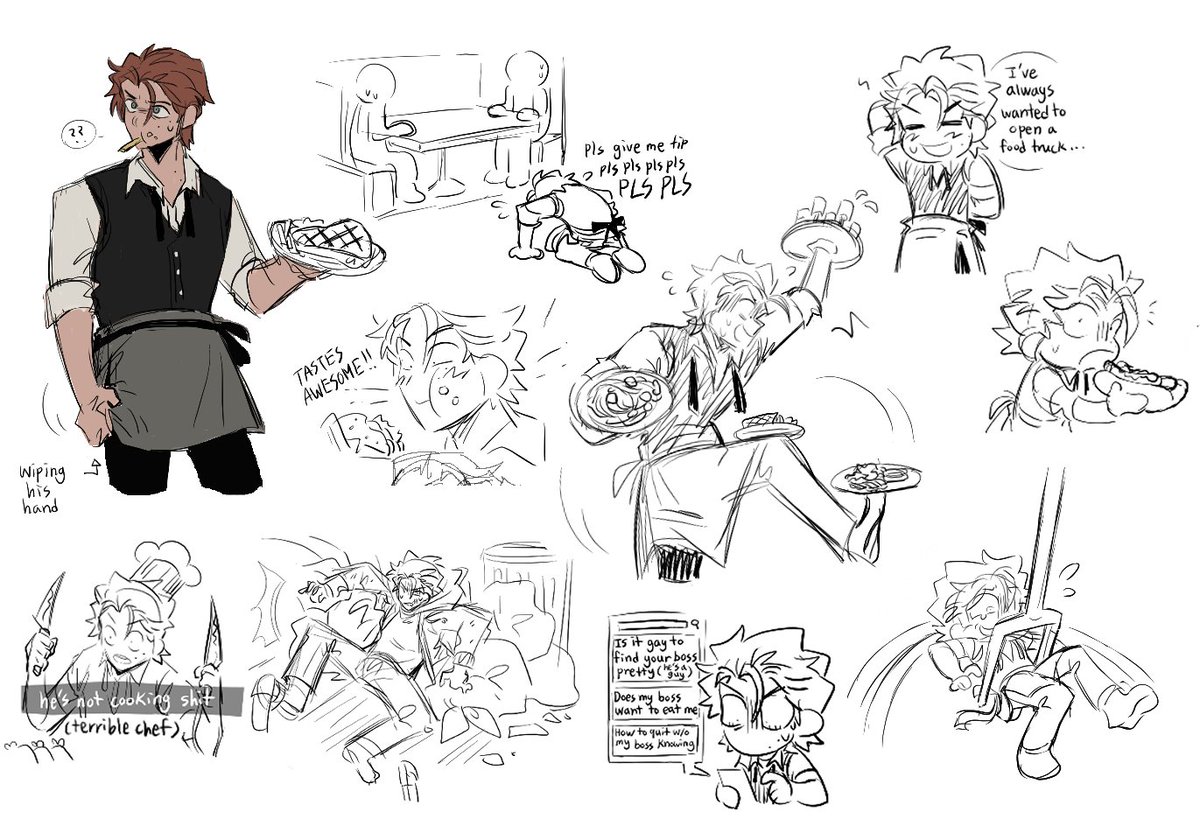 hankatun0921's tweet photo. cringefail dudenobody broke waiter guy named Rody !! hes workin as a waiter for @Ekrixart 's chef oc Vincent so he can make money n try to win back his ex girlfriend (he never will) . heres some art of him + sketches rix and i did on aggie !! #originalcharacter #characterdesign https://t.co/l1X2KxkBAA