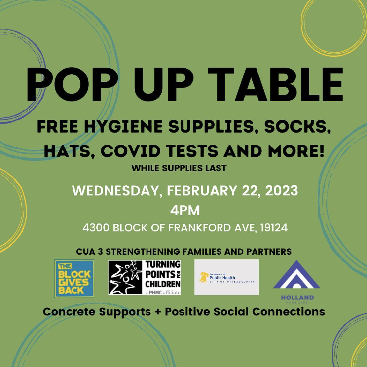 .<a href="/TP4C/">Turning Points for Children</a> is hosting a pop-up table on the last Wednesday of this month and will be offering some incredible resources. 

Catch them at the 4300 block of Frankford Ave by the Family Dollar at 4 pm on Wednesday, February 22, 2023.