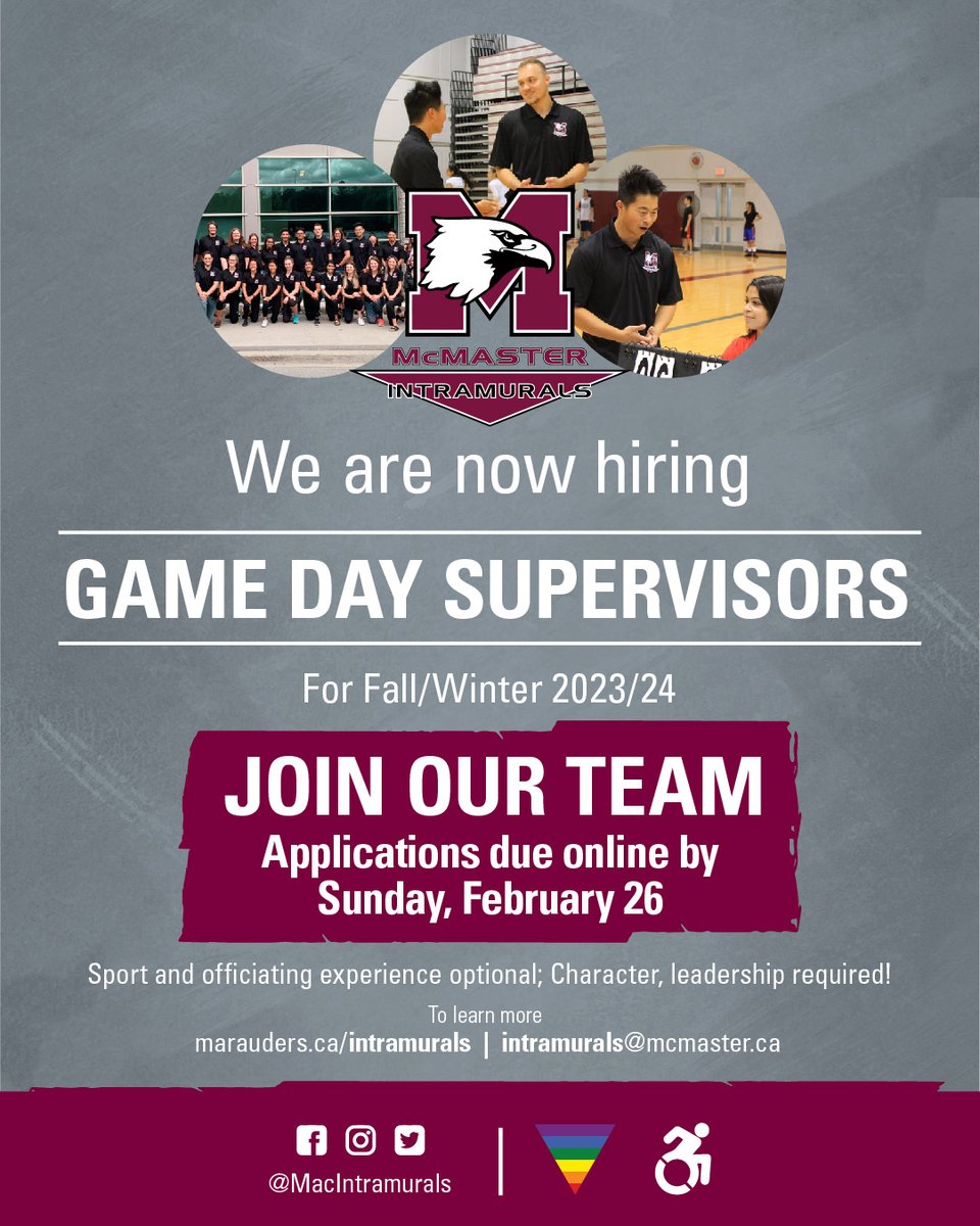 JOIN OUR TEAM as a Game Day Supervisor! Applications close on February 26! 
🏀⚽️🏈🥎🥏🏏🏓🏸🏉🏐🏒

Submit Applications to marauders.ca/intramurals 

#IntramuralLife #SportJobs #HamOn #McMasterU #JoinOurTeam