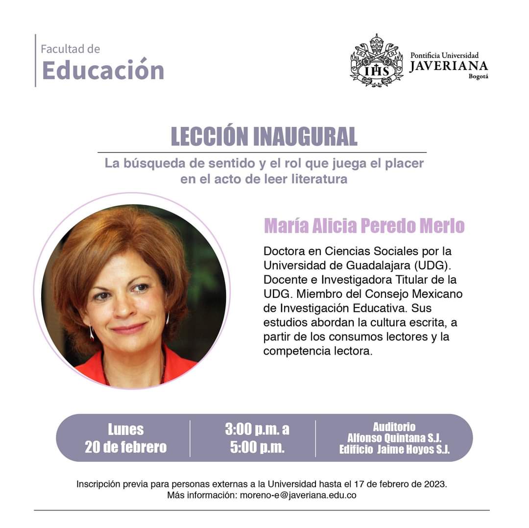 editorialUDG's tweet photo. #AutorasUDG 

Acompaña a la Dra. Alicia Peredo en la conferencia "La búsqueda de sentido y el rol que juega el placer en el acto de leer literatura", que impartirá en la @UniJaveriana en #Bogotá. https://t.co/DJhU75sbnY
