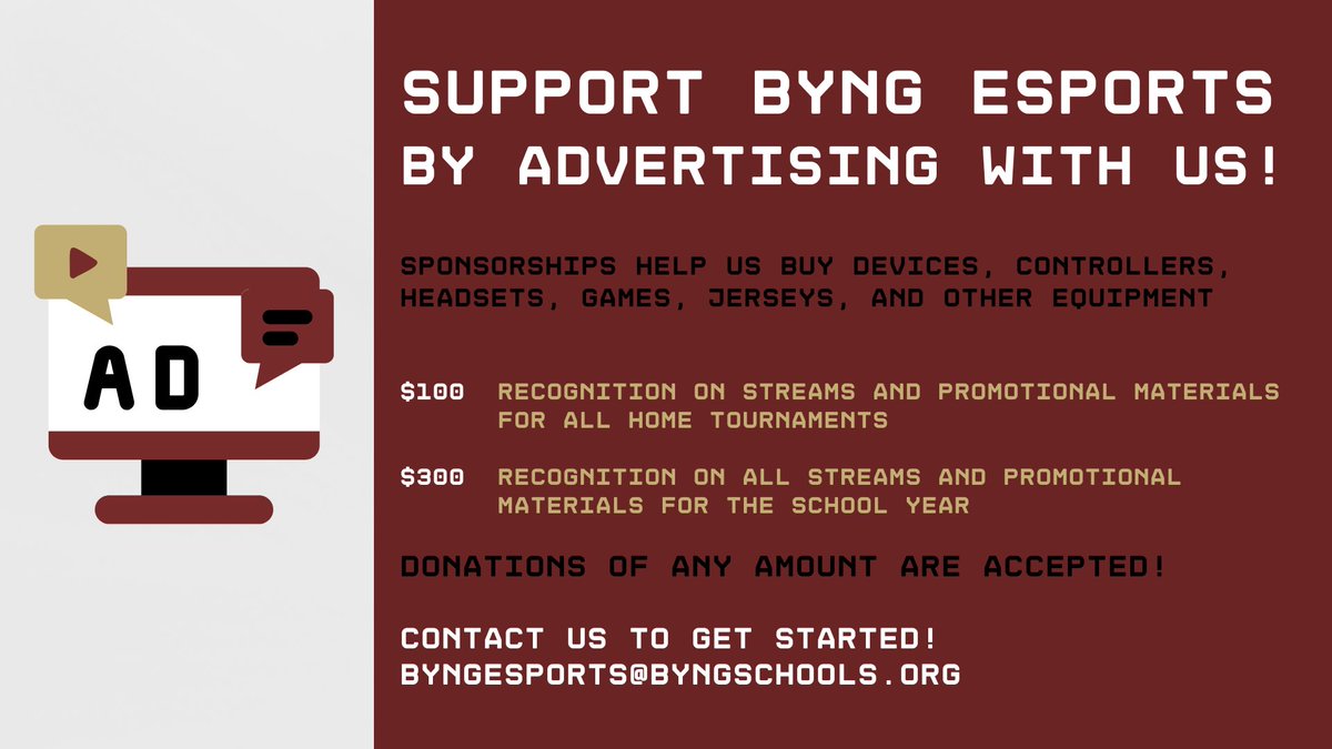 Be a Byng Esports sponsor and get your business recognized on our livestreams and promotional materials!