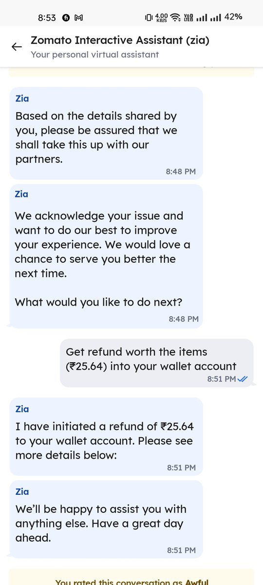Madhuasks's tweet image. @zomato @zomatocare - I received a spoilt item in my order. And your refund is 1/4 of the item value. I am not begging you. I need my item worth refund. #why #zeroquality #badcustomerservice #confused