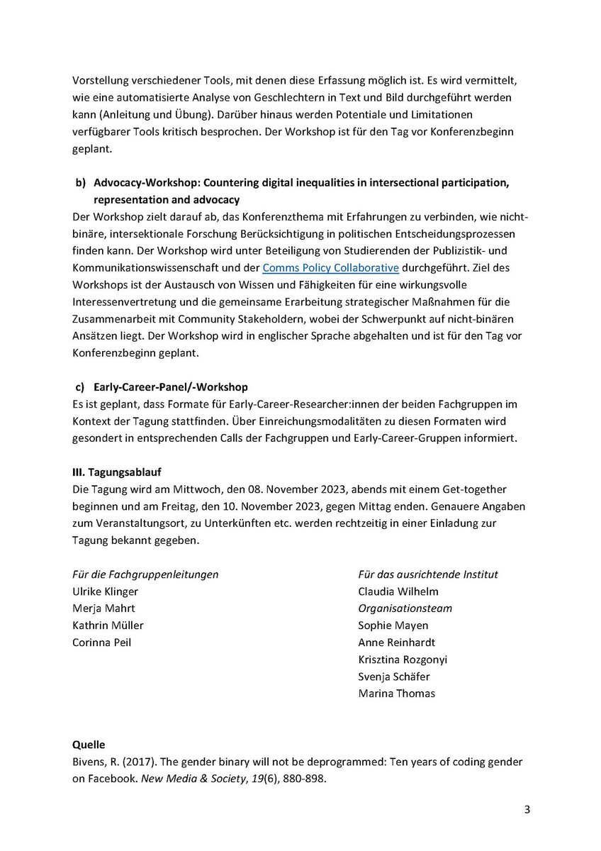 Fachgruppe Medien, Öffentlichkeit und Geschlecht (@fg_moeg) on Twitter photo Der Call zu unserer gemeinsamen Fachgruppentagung mit der <a href="/DGPuK_DigiKomm/">@digikomm@mastodon.online</a> ist draußen! Das Thema: "(Nicht-)Binarität in Binären Strukturen - Zur digitalen Kommunikation von Identität und Vielfalt"
Deadline: 5. Mai
Tagung: 8.-10. Nov in Wien am <a href="/IPKW_univie/">IPKW – Department of Communication, UNIVIE</a> (1/3) Der Call zu unserer gemeinsamen Fachgruppentagung mit der <a href="/DGPuK_DigiKomm/">@digikomm@mastodon.online</a> ist draußen! Das Thema: "(Nicht-)Binarität in Binären Strukturen - Zur digitalen Kommunikation von Identität und Vielfalt"
Deadline: 5. Mai
Tagung: 8.-10. Nov in Wien am <a href="/IPKW_univie/">IPKW – Department of Communication, UNIVIE</a> (1/3)