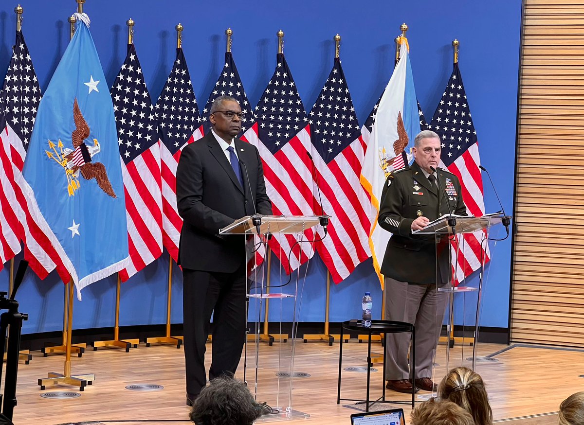SecDefAustin's tweet photo. Gen Milley and I are laser focused on the 🇺🇸 US’ unwavering support for Ukraine. Our allies in the UDCG are united and committed to continuing the urgent work necessary for Ukraine’s security assistance needs. https://t.co/F4Vg0fKU2e