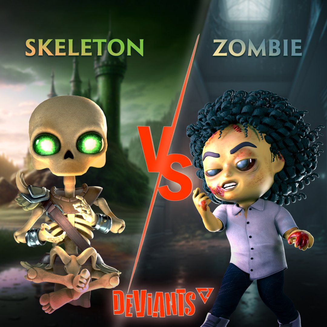 TheDeviantsNFT's tweet photo. Its the Dawn of the Dead  ☠

The magic weilding Skeletons go up against the undead Zombies.

Who do you think wins this spooky battle? 🩸

Comment below 

💀 or 🧟‍♂️ 

#Deviants #Skeletons #Zombies https://t.co/jTGfbwBROf