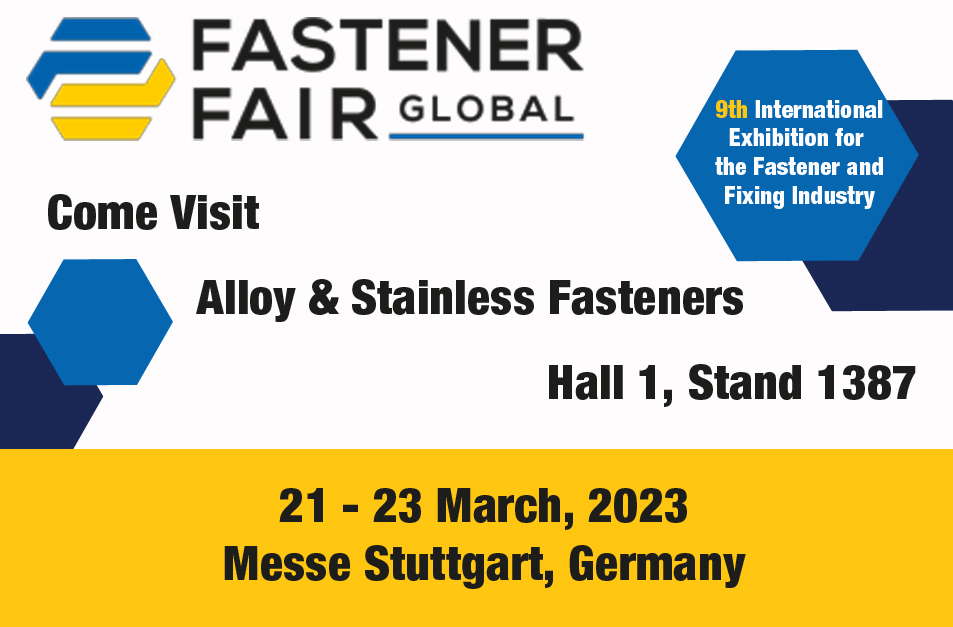If you are going to the <a href="/FastenerFairs/">Fastener Fairs</a> Global expo in Stuttgart, Germany in March be sure to stop by our stand and tell us hello.
You can find us in Hall 1, Stand 1387

#AlloyStainlessFasteners #GoASF #FastenerNews #FastenerFair #FastenerFairGlobal #SeeYouThere