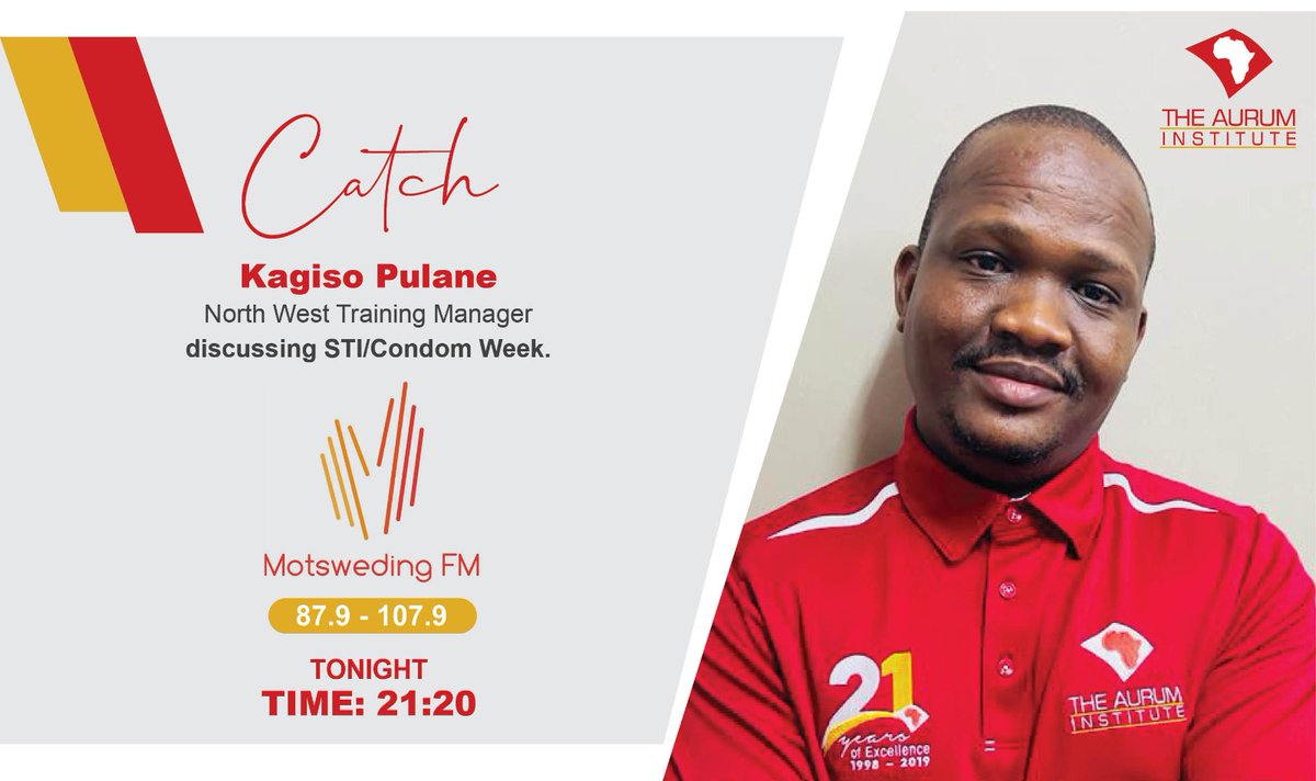 Auruminstitute's tweet photo. Don’t miss Aurum Northwest Training Manager, Kagiso Pulane discuss the importance of #STICondomWeek in creating awareness around living a healthier lifestyle on @motswedingfm this evening. 

#HIVprevention #Condomise #STIPrevention https://t.co/DULSE2FPfD