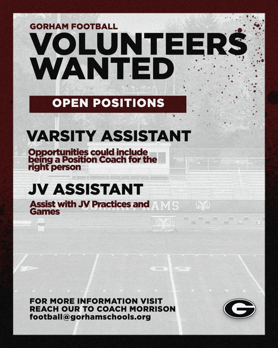 We know it’s February break but we are starting to prepare for the 2023 Football season! The High School program is looking to fill out its staff with some volunteers! Please reach out to Coach Morrison via email if you think you would be a good fit! #gorams #rampride