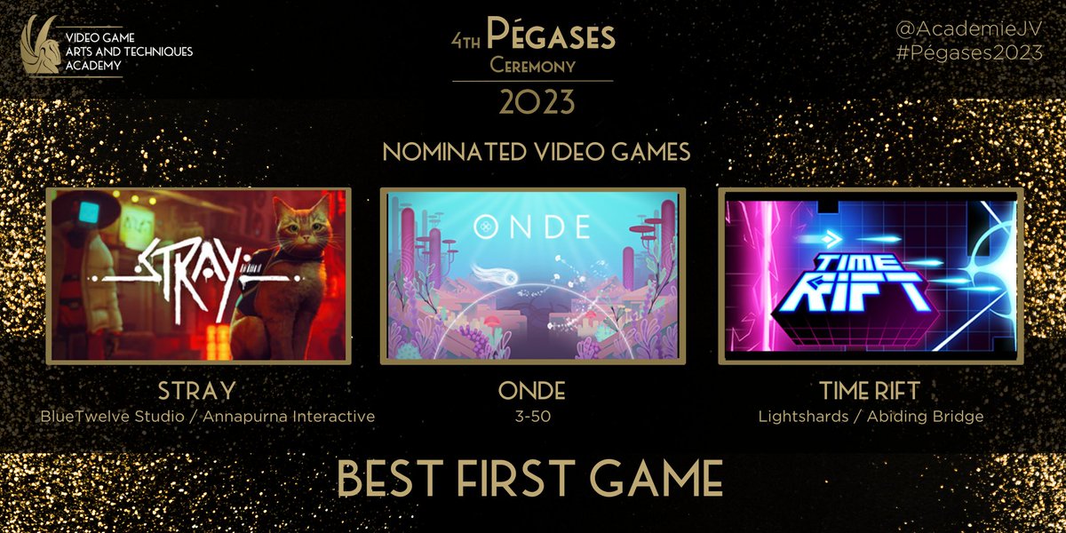Here are the nominees for the Best First Game of the 4th edition of the Pégases ceremony #Pegases2023: Stray de Bluetwelve Studio et <a href="/A_i/">Annapurna Interactive \\ "Wheel World" is OUT NOW!</a>  / <a href="/OndeGame/">Onde - Out now on Steam & GOG.com</a>  de <a href="/Grhyll/">Grhyll / 3-50</a> (3-50) / <a href="/timeriftgame/">Time Rift</a>  de <a href="/AbidingBridge/">Abiding Bridge</a>   et Lightshards