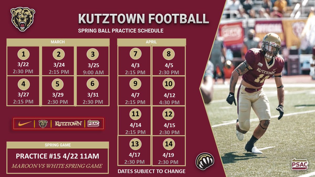 KUBearsFootball's tweet photo. 🚨Spring Schedule🚨
We look forward to seeing you on campus at Andre Reed Stadium this Spring!!!
#BearsEat #BearsCompete https://t.co/REgbaC99Lu
